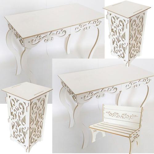 Kit Mdf Branco 2 Mesa Luis Xv Mãe E Filha 2 Cubos 1 Banco