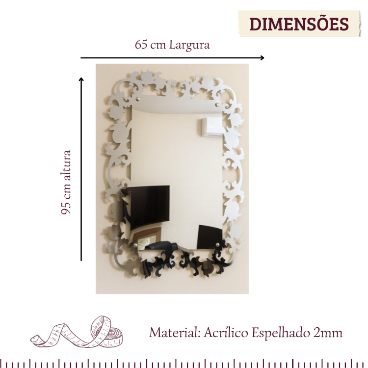 Espelho de Acrílico Decorativo Grande 95x65cm – Modelo Clássico com Acabamento Espelhado Total