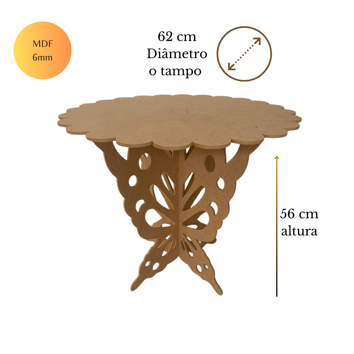Mesa Borboleta 62x62 Altura 55 Cm Mdf 6mm Cru