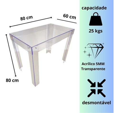 Mesa Acrílico Transparente Desmontável 80cm Festa Resistente