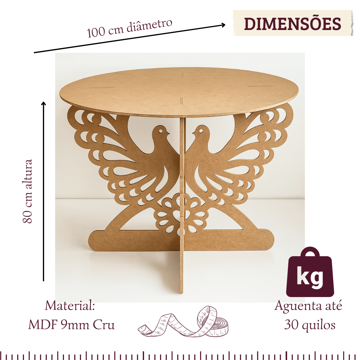 Mesa Festa Temática MDF Cru 9mm Pombos Amor Baby Born
